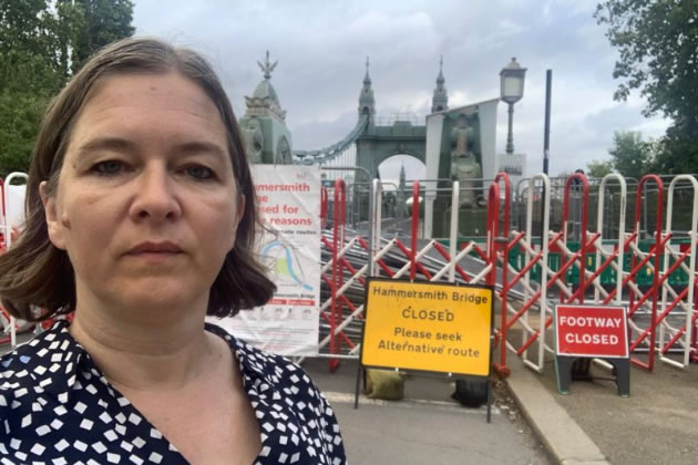 Fleur Anderson in front of Hammersmith Bridge when it was completely shut 
