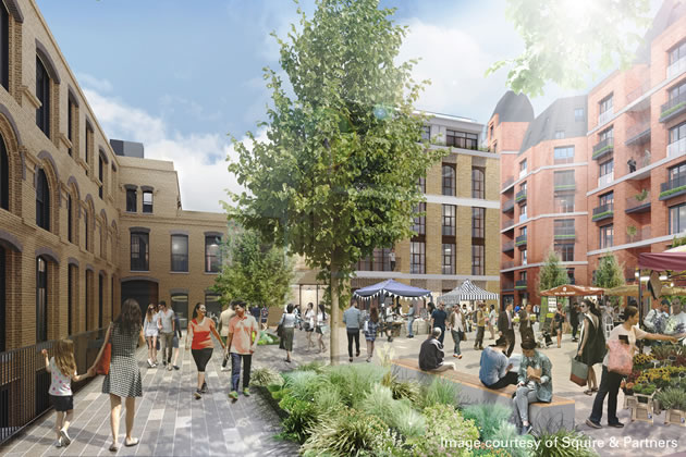 Stag Brewery View Block 6 Piazza. Credit: Squire & Partners